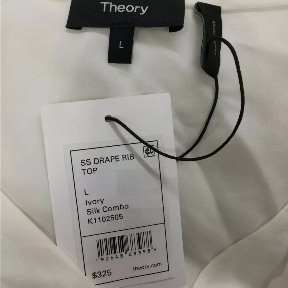 Theory white check mock neck cap sleeve silk drape shirt in large - Picture 4 of 5